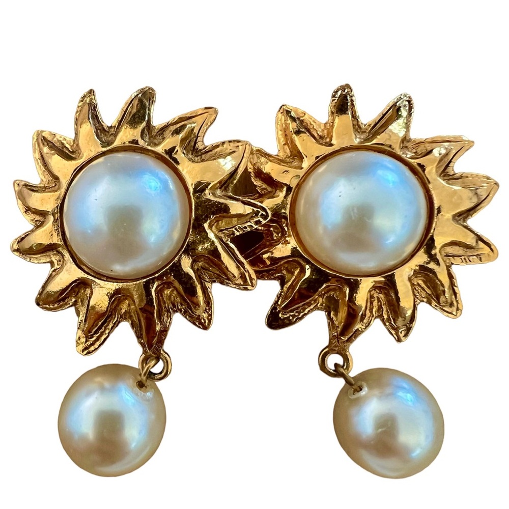 Vintage Chanel 80's/90's Gold Sun White Faux Pearl Dangle Clip On Earrings